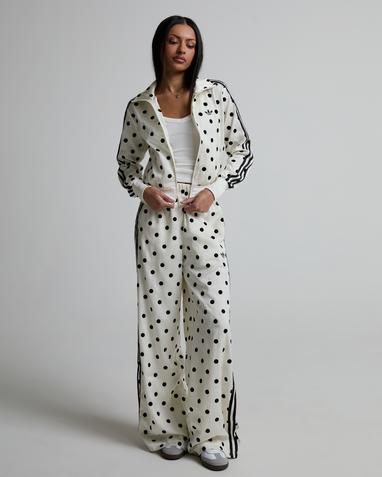 Womens Satin Polka Dot Funnel Neck Track Top