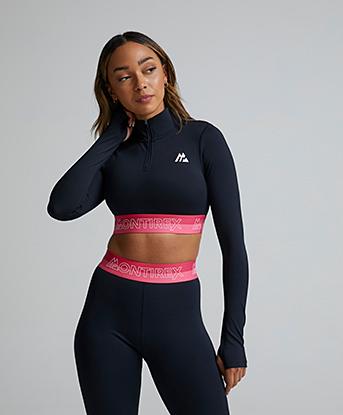 Montirex Womens Zip Icon Contrast Crop 2.0 Quarter Zip Top  in Black / Strawberry Soda / Persian Pink