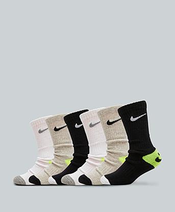 Nike Kids 6 Pack Smiley Crew Sock in Grey Heather / White / Black / Dark Grey Heather