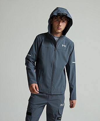 Under Armour Junior Tech Utility Woven Hoodie in Castlerock / White