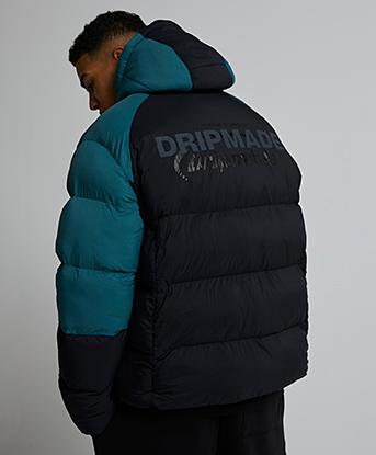 Dripmade Destroyer Short Puffer Jacket in Jet Black / Balsam