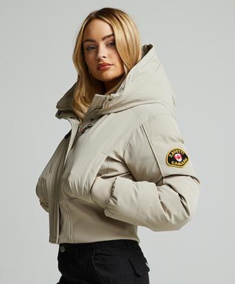 Zavetti Canada Womens Ossani Split Hood Crop Puffer Bomber Jacket in Pure Cashmere