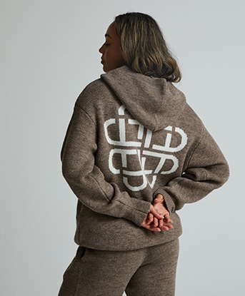 Forena  Womens Iconic Ribbed Knitted Hoodie in Peppercorn / Eggnog