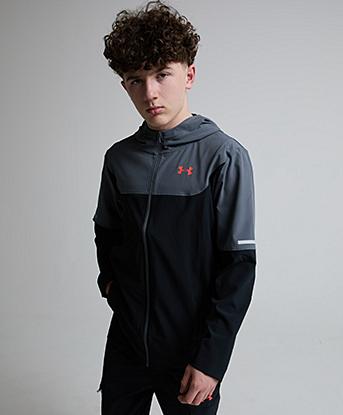 Under Armour Junior Tech Utility Woven Hoodie in Black / Venom Red