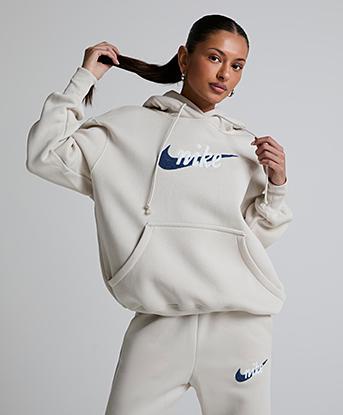 Nike Womens Phoenix Fleece Oversized Logo Hoodie in Light Orewood Brown / Mystic Navy