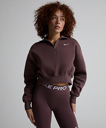 Nike Womens Phoenix Fleece Quarter Zip Crop Fleece in Tattoo / Sail