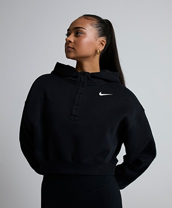 Nike Womens Phoenix Fleece Oversize Crop Henley Hoodie in Black / Sail