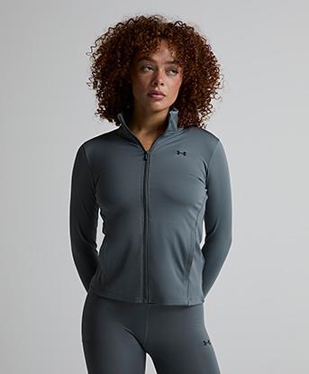 Under Armour Womens Motion Full Zip Top in Clay Green / Black