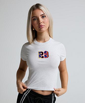 Jordan Womens Flight Number 23 Graphic T-Shirt in Birch Heather / Black