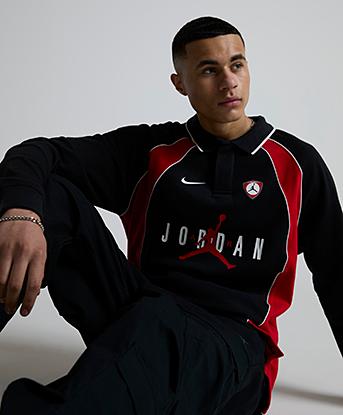 Jordan Flight Long Sleeve Polo Jersey in Black  / University Red