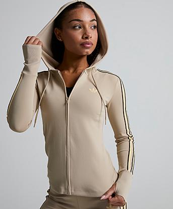 adidas Originals Womens Stretch 3 Stripe Full Zip Hoodie in Stone Khaki / Orange Tint / Aurora Coffee