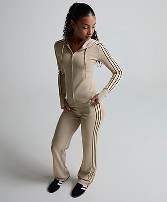 adidas Originals Womens Stretch 3 Stripe Pants in Stone Khaki / Orange Tint / Aurora Coffee