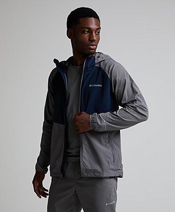 Columbia Tech Wind Full Zip Hoodie in City Grey / Collegiate Navy