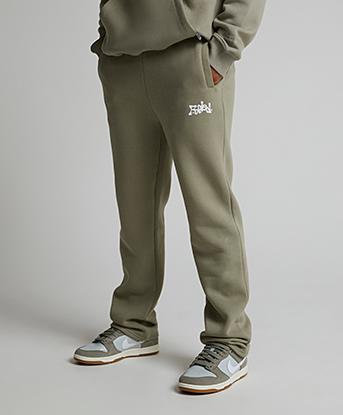 Faded Store Liquid Puff Open Hem Jogger in Olive Smoke