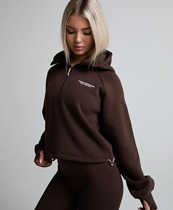 Monterrain Womens Balance Overhead Quarter Zip Hoodie in Roasted Mocha / Vintage Plum