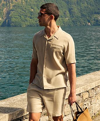 Celebre Linen Resort Shirt in Whispered Taupe