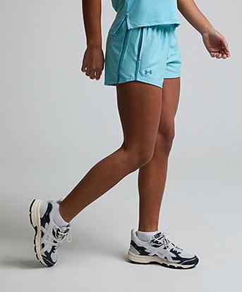 Under Armour Womens Tech Play Up Short in Blue Haze / Boundless Blue