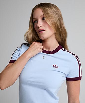 adidas Originals Womens 3-Stripes Slim T-Shirt in Crystal Sky / Maroon