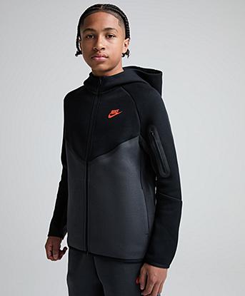 Nike Junior Tech Fleece Full Zip Hoodie in Black / Anthracite / Turf Orange