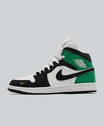 Jordan Air Jordan 1 Mid SE Trainer in Summit White / Black / Lucky Green / Gold