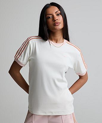 adidas Originals Womens Summer Glow Crochet 3-Stripes T-Shirt in Off White / Pink
