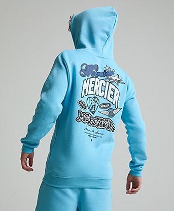 Mercier Junior Guerrilla Overhead Hoodie in Baltic Sea / Bright White