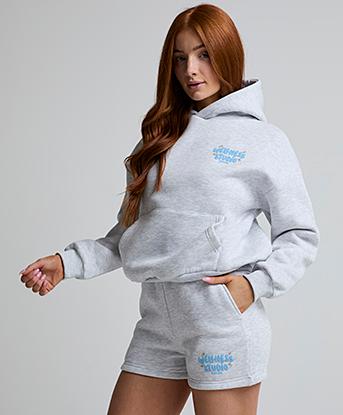 Closure London Womens Bubble Wellness Hoodie and Short Set in Light Grey Marl