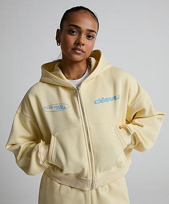 Dès Vu Womens Love Your Aura Zip Through Hoodie in Yellow / Dusty Blue