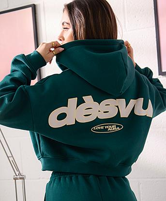 Dès Vu Womens Love Your Aura Zip Through Hoodie in Collegiate Green / Cream