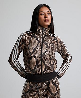 adidas Originals Womens Satin Snake Print Firebird Funnel Neck Track Jacket in Linen / Magic Beige