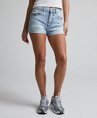Dripmade Womens Gianna Mid Rise Denim Short in Light Blue Wash
