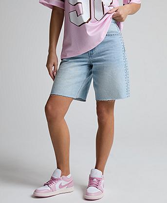 Dripmade Womens Stud Denim Jort in Light Blue Wash