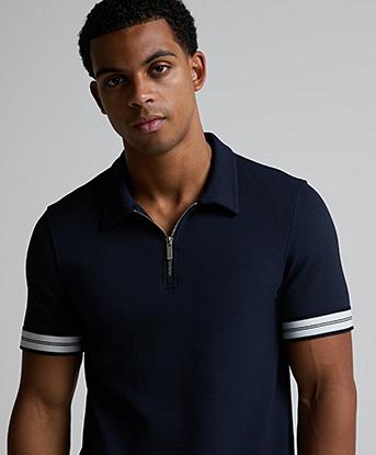 CAPO Textured Tape Zip Polo Shirt in Navy