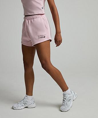 New Balance Womens Trackside Fleece Short in Pink Chalk