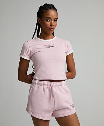 New Balance Womens Trackside Ringer T-Shirt in Pink Chalk