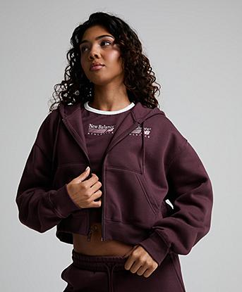 New Balance Womens Trackside Fleece Full Zip Hoodie in Cherry Leather