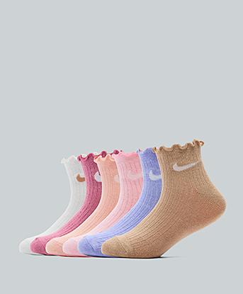 Nike Kids 6 Pack Lettuce Welt Ankle Sock in Medium Soft Pink / Arctic Orange /Peony