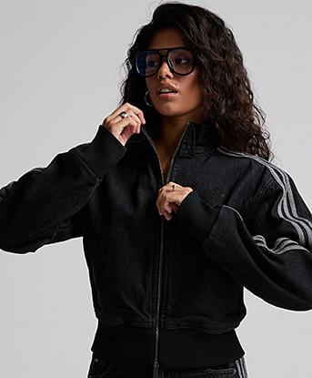 adidas Originals Womens Firebird Denim Funnel Neck Track Top in True Black Denim / Grey