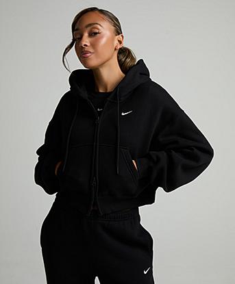 Nike Womens Studio Fleece Medium Weight Oversized Crop Hoodie in Black / Black