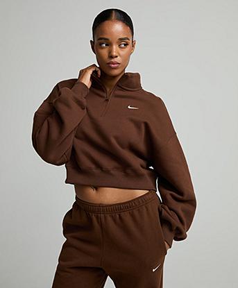 Nike Womens Studio Fleece Crop Quarter Zip Sweatshirt in Cacao Wow / Sail