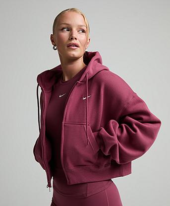 Nike Womens Studio Fleece Medium Weight Oversized Crop Hoodie in Pink Smoke / Sail