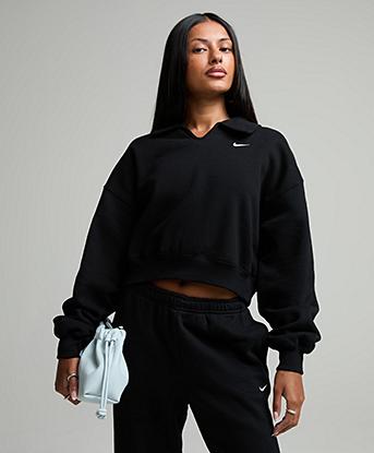 Nike Womens Studio Fleece Oversized Crop Polo in Black / Sail
