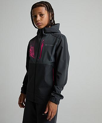 Monterrain Junior Abyss Woven Zip Hoodie in Urban Charcoal / Forged Steel / Neon Fuschia