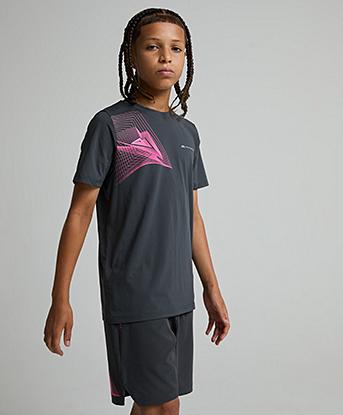 Monterrain Junior Abyss T-Shirt in Urban Charcoal / Forged Steel / Neon Fuschia