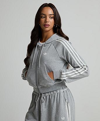 adidas Originals Womens Graphic Fitted Diamante Full Zip Hoodie in Medium Grey Heather