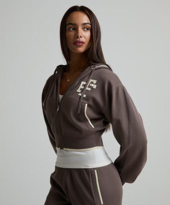 Forena Womens Lexi Full Zip Knit Hoodie in Mocha Latte / Snow Pearl