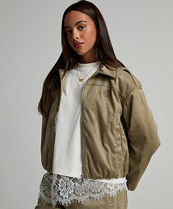 Forena Womens Nova Suede Funnel Neck Jacket in Mystic Kelp