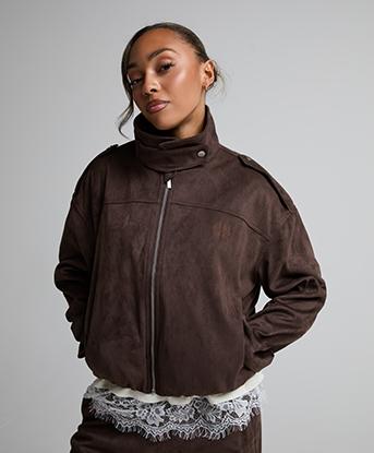 Forena Womens Nova Suede Funnel Neck Jacket in Cocoa Ember