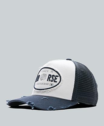 Christian Rose Iconic Oval Plate Trucker Cap in White / Navy / Grey