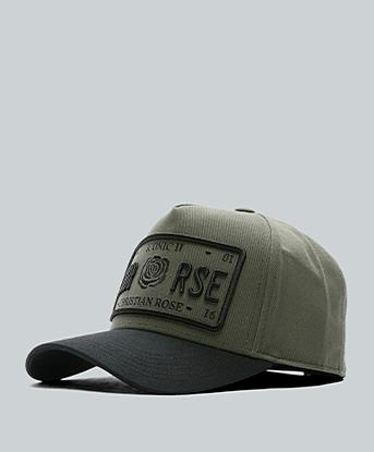 Christian Rose Iconic Plate Trucker Cap in Army Green / Black